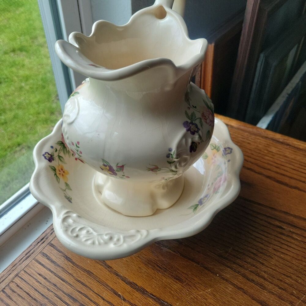 Vtg 1930s British Ceramic Pitcher & Wash Basin Bowl Set Floral Rose Art Deco Era - Picture 15 of 16